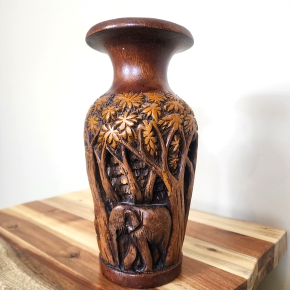 Hand Carved Wooden Elephant Vase Vintage 80s - 90s Folk Art Southeast Asia